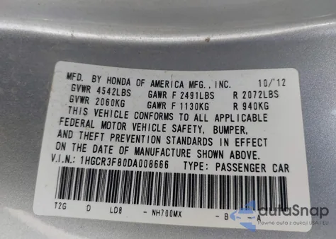 2013 Honda Accord Ex-L V-6 z USA, uszkodzony, nr VIN 1HGCR3F80DA008666